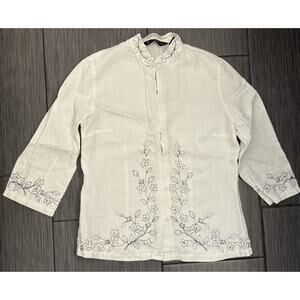 Mercer & Madison White Linen Black Floral Embroidered Button Down Shirt Size 10